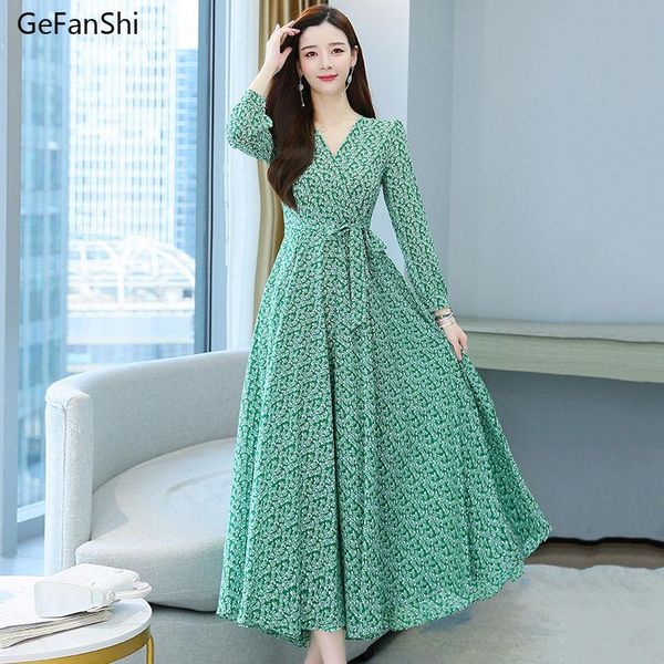 

casual dresses 2021 spring autumn women long sleeve floral print chiffon dress fashion elegant slim office lady robe, Black;gray