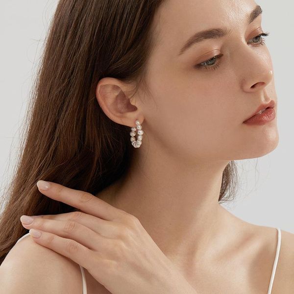 

hoop & huggie for dating dinner wedding baroque natural freshwater pearl earring 925 silver needle retro temperament, Golden;silver