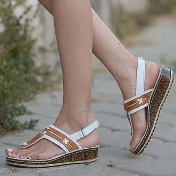 

summer women's flip-toe wedge color block sandals shoes casual toe slope heel matching sandalias, Black