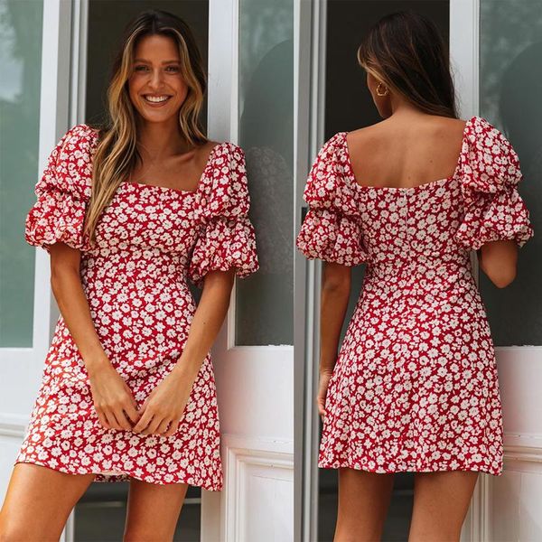 

casual dresses womens floral printing comfort 1/2 puff sleeves sundress slim lightweight square neck summer short, Black;gray