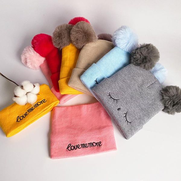 

beanies 2pcs cute embroidery eyes hat scarf set for kids baby winter warm knitted beanie soft pompom cap scarves bonnet