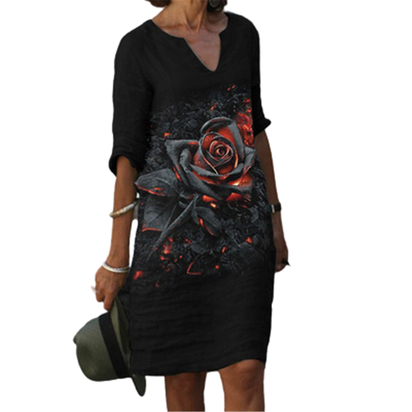 

casual dresses spring autumn women dress vintage half sleeve v-neck floral print streetwear office ladies straight vestidos, Black;gray
