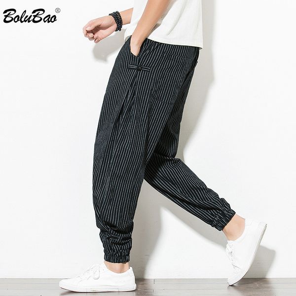 

bolubao streetwear fashion solid color pants men loose harem ankle cropped stripe little feet 210518, Black