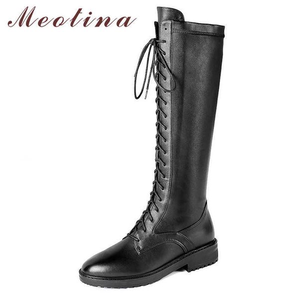 

meotina winter knee high boots women natural genuine leather chunky heel tall boots zipper round toe shoes female big size 34-42 210608, Black