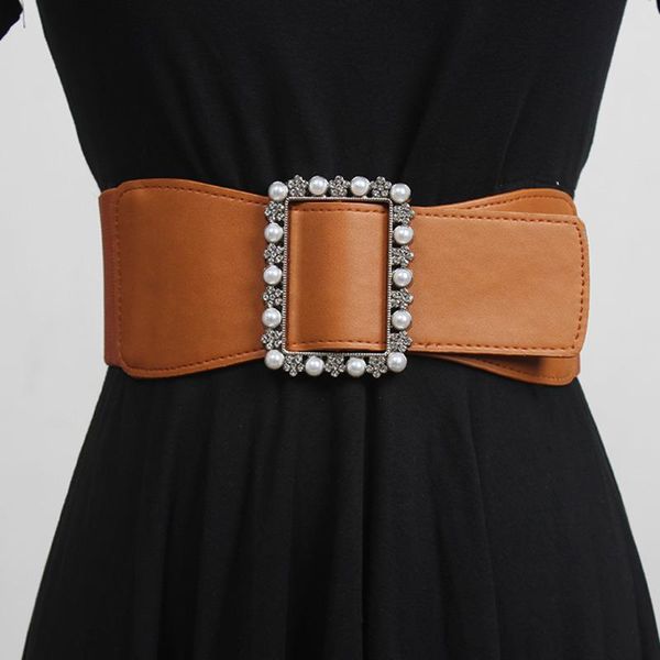 

belts [ewq] 2021 fashion novelty all-match elastic waist cover patchwork paint leather belt women personally with metal buckle 8y416, Black;brown