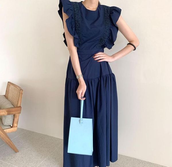 

casual dresses o-neck ruffle flying sleeve long dress woman french style high waist loose solid 2021 summer maxi for women, Black;gray
