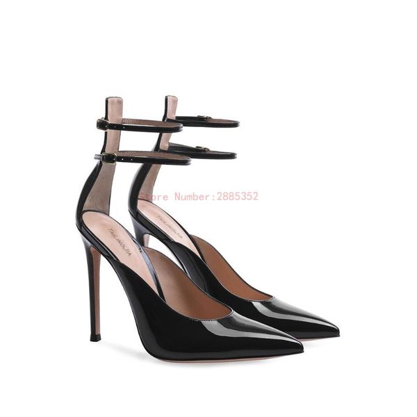

dress shoes women's high stiletto heel black pointed patent leather sandals ankle buckle lace-up hollow large size 444546