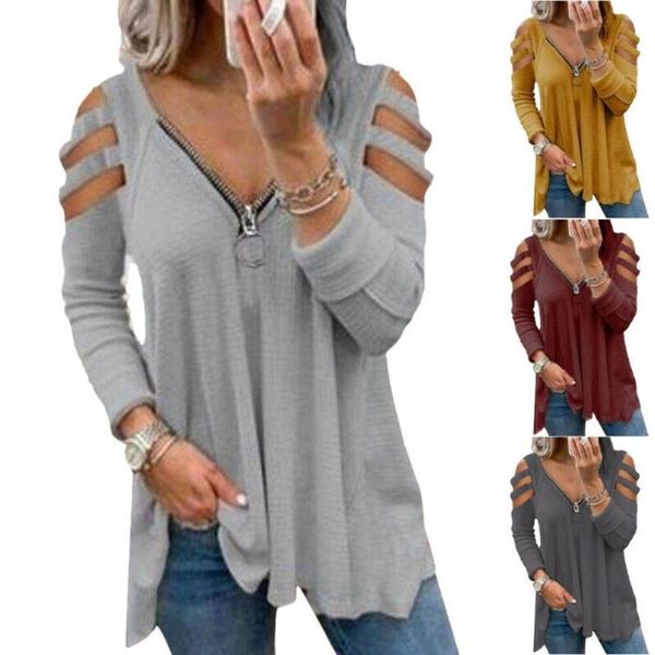 

women's t-shirt ladies long sleeve low cut zipper solid color shoulder band loose, White