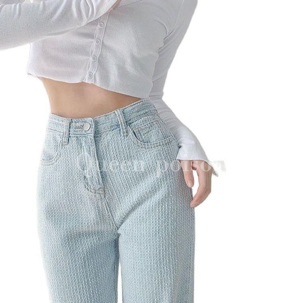 

women's jeans summer high waist woven denim wide leg ankle-length pants straight loose draggle-tail trousers, Blue
