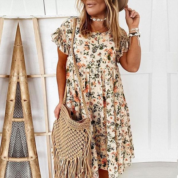 

boho floral summer flower women dress mini print short sleeve a line ruffles loosed ladies beach vestidos, Black;gray