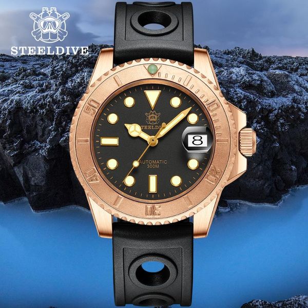 

wristwatches steeldive sd1953s cusn8 bronze diver watch men's mechanical c3 luminous water resistant 300m japan nh35 retro wristwatch, Slivery;brown