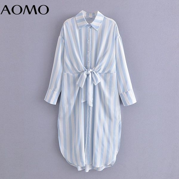 

casual dresses aomo 2021 fashion women blue print shirt dress with bow vintage long sleeve office ladies midi 3a201a, Black;gray