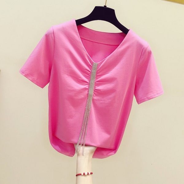 

t shirt plus size women summer korean fashion rhinestone tassel chain v-neck t-shirt female casual tshirt t shirts lady, White