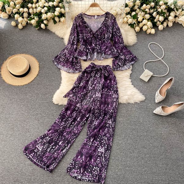 

european american style women's retro printed holiday suit chiffon all-match high-waist wide-leg pants gk816 210506, White
