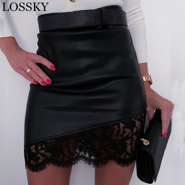 

office lady formal lace patchwork bodycon skirts high waist zipper pu leather black summer spring pencil mini skirt 210520