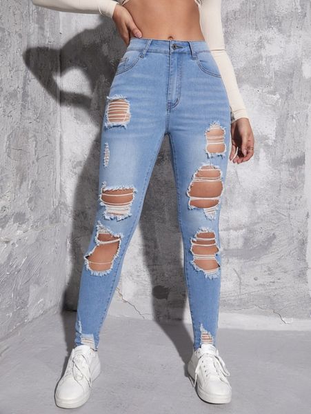 

high waist ripped frayed bleach wash skinny jeans a9tj#, Blue