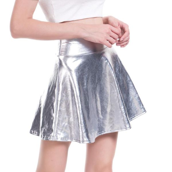 

skirts fashion women's skirt costumes high waist shiny metallic flared pleated a-line solid color mini woman women clothes 2021, Black