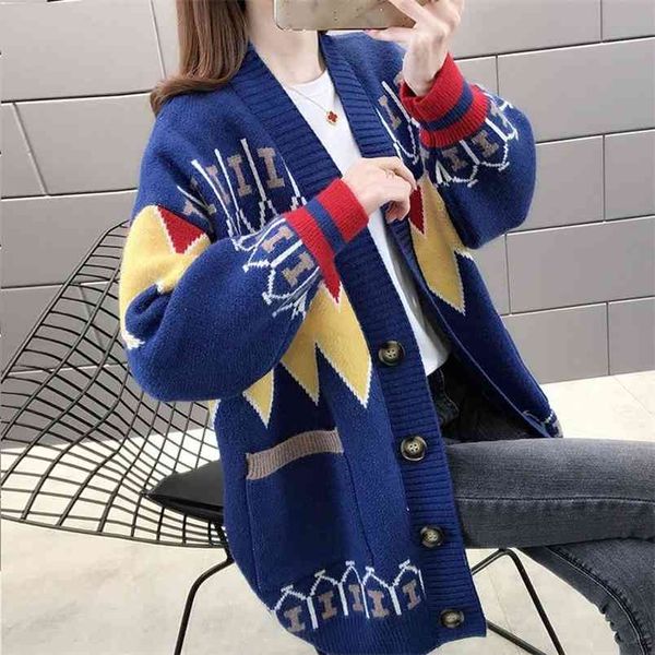

red cartoon pattern cardigan sweater female knitted loose lazy style single-breasted long-sleeved jumpers women spring autumn 210427, White;black