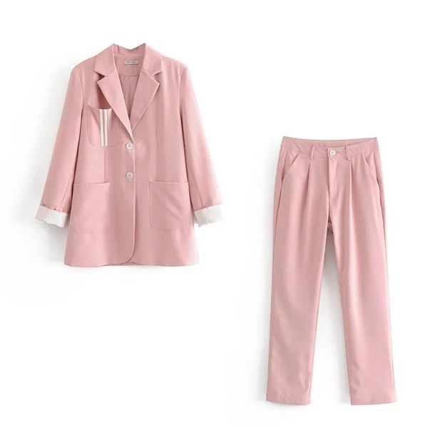 

autumn candy colors casual women pant suits notched chic long office blazer jacket coat & female trouser two piece set 's pants women&#, White