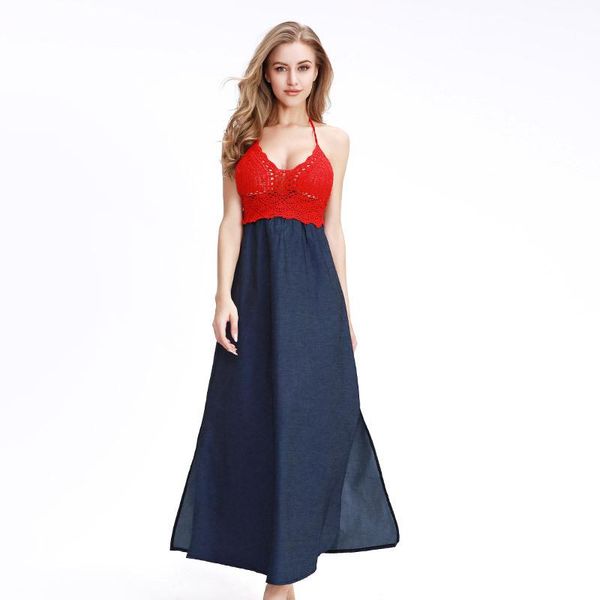 

women denim stitching maxi dress summer fashion hollow hand-woven backless ladies long dresses beach party vestidos casual, Black;gray