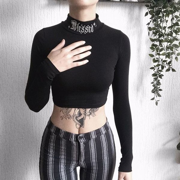 

altgirl dark goth t-shirt women blessed letter embroidered turtleneck slim tumblr clothes y2k e-girl punk street bottom tees, White