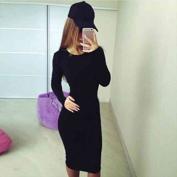 

casual basic autumn winter womens dresses solid black bodycon long sleeve club dress drop, Black;gray
