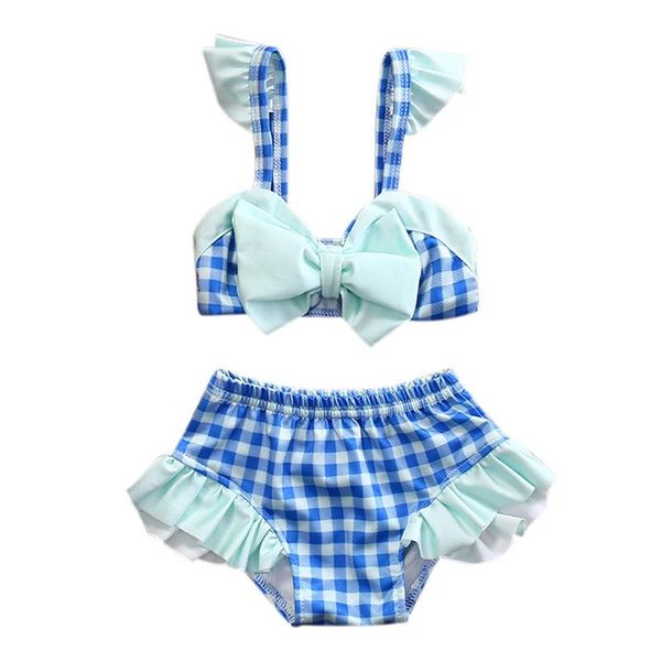 

2021 baby girl swimwear two-piece bow shape plaid print bikini set summer swimsuit cute beachwear, Black