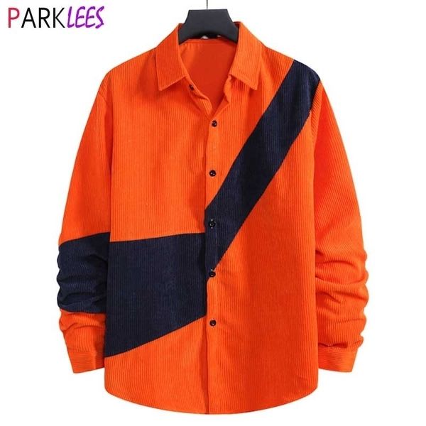 Orange Kontrastfarbe Velourshemd Männer Stilvolles Patchwork-Design Herren-Cordhemden Lässige warme Qualität Camisas Hombre 2XL 210522