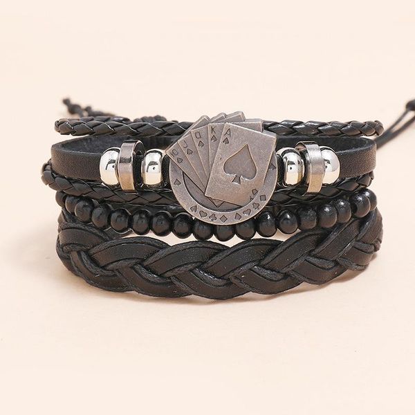 

charm bracelets trendy retro hand-woven leather men's bracelet diy suit poker pattern adjustable women's fashion jewelry gift whol, Golden;silver