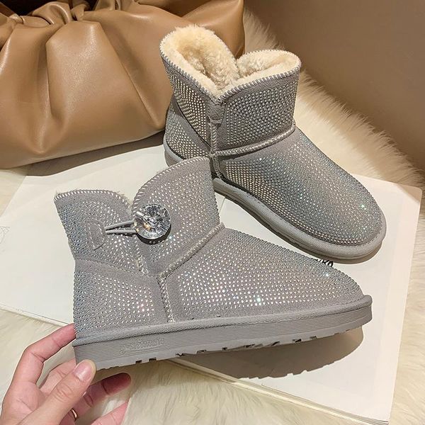 

boots snow plush women shoes bling rhinestone luxury woman flat winter warm ankle non-slip casual ladies, Black