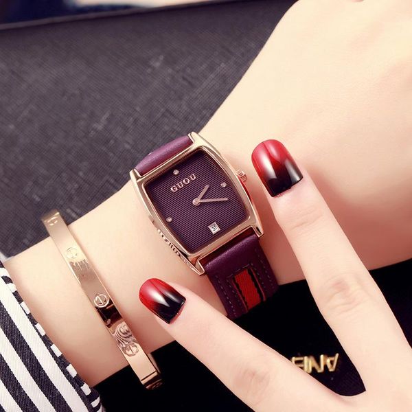 

wristwatches ultra-thin lady watches guou brand fashion square quartz watch waterproof woman genuine leather wrist relogio masculino, Slivery;brown