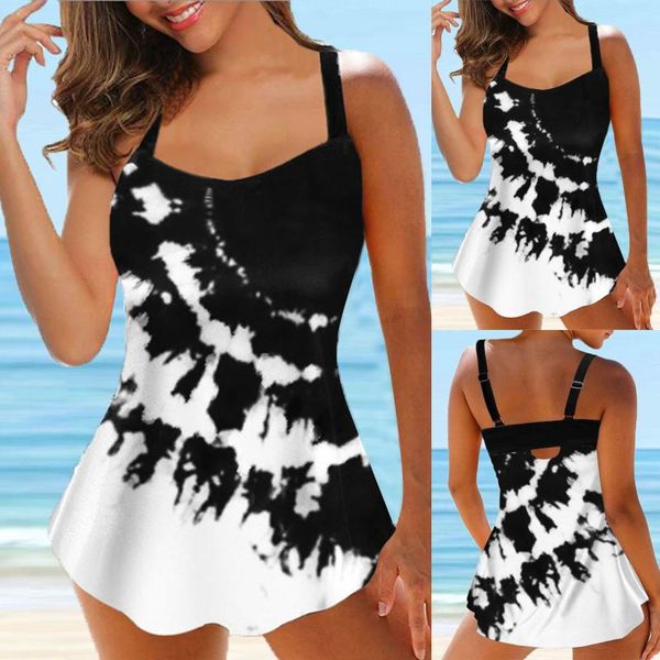 

women's swimwear women plus size swimsuits print strappy back tankini two piece swimdress panty bathing beach swimsuit bikini mujer dro, White;black
