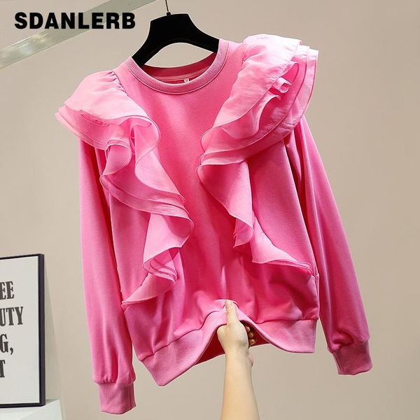 

women's hoodies & sweatshirts woman hoodie fashion three-dimensional ruffled panel round neck long sleeve sweatshirt lady temperament p, Black