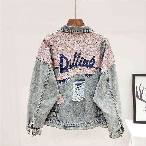 

jacket fashion hole letter sequin denim women coat vintage casual loose long sleeve short jeans jacket outwear female streetwear, Black;brown