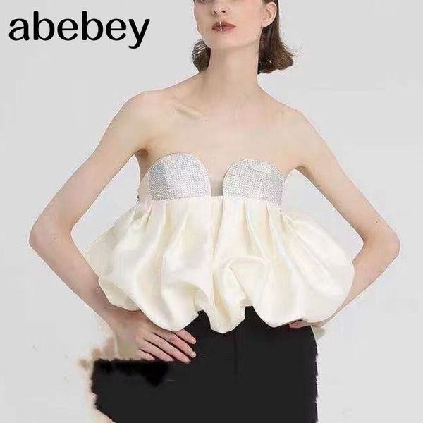 

summer fashion off shoulder irregular fold shawl high temperature drill wrapped chest short 210715, White