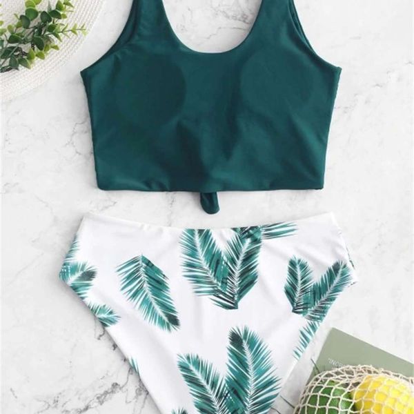 

swimsuit leaf print women's split swimsuit, White;black