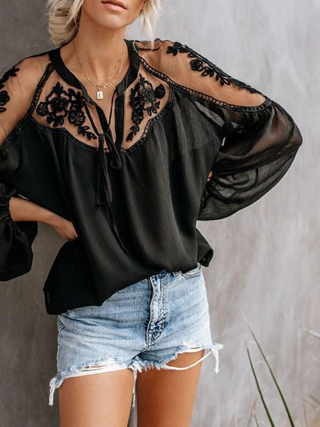 

women's t-shirt european and american spring autumn solid color large size loose perspective v-neck lace long-sleeved chiffon shirt, White