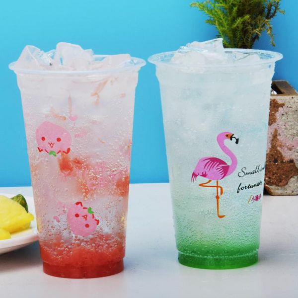 

disposable cups & straws 50pcs 90 caliber flamingo peach pattern cold drink plastic cup summer juice milk tea beverage packaging with lid