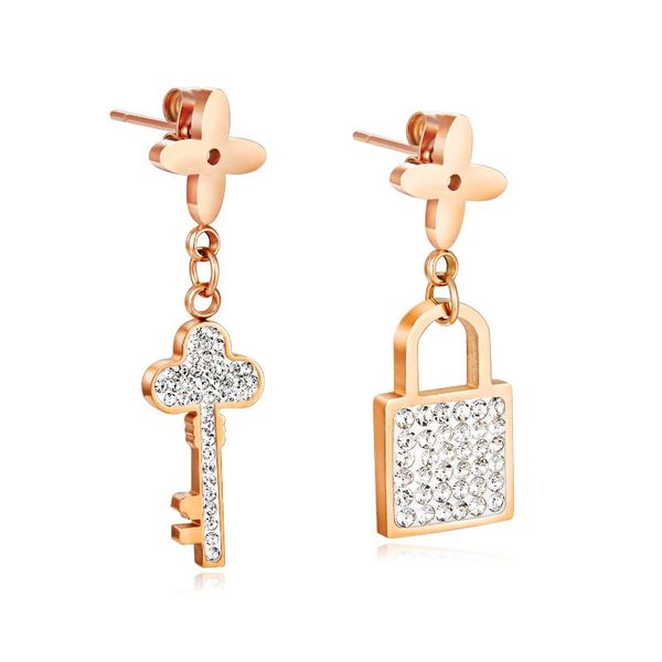 

dangle & chandelier fami brand earring fashionable mini key&lock with diamonds and rose gold plated titanium steel earrings, Silver