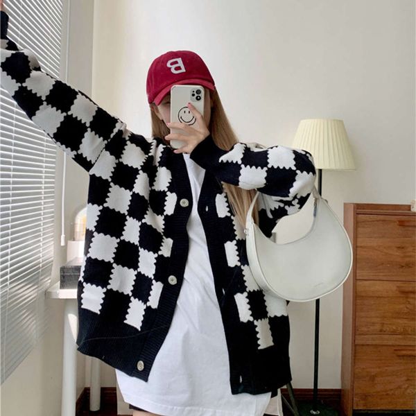 

plaid sweater women loose wear v-neck cardigan wind knitted autumn and winter coat, White;black
