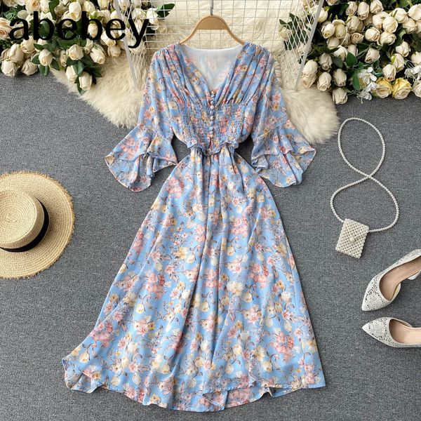 

women bohemian floral dress design irregular long sleeve v neck a-line es summer korean chiffon print beach 210512, Black;gray