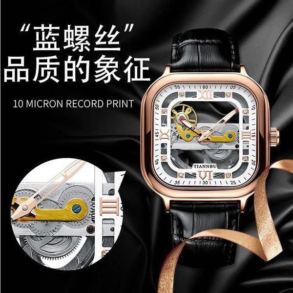 

wristwatches 2021 genuine fully automatic mechanical square watches leather strap men's skeleton tourbillon fashion business man watch, Slivery;brown