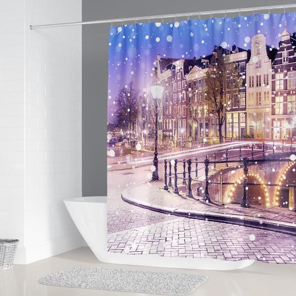 

shower curtains romantic street snow scene pattern bathroom sets waterproof fabric non-slip bath mat toilet rug home decor