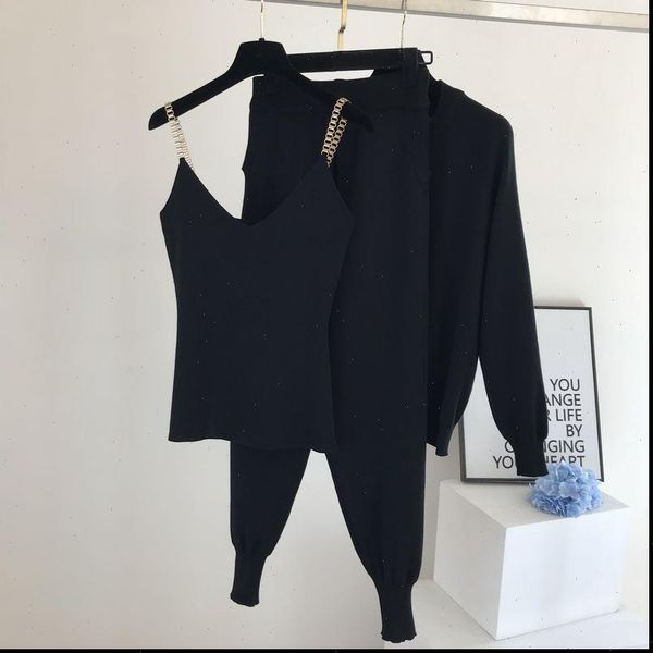 

autumn winter sweatsuits sweet women tracksuits chain vest knitwear elastic pants three piece set outfits, Gray