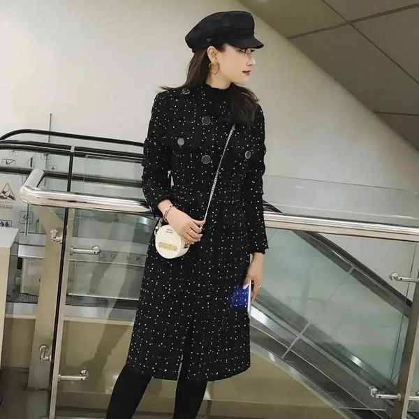 

women's wool & blends 2021 women slim tweed coat fashion autumn black long woolen jacket