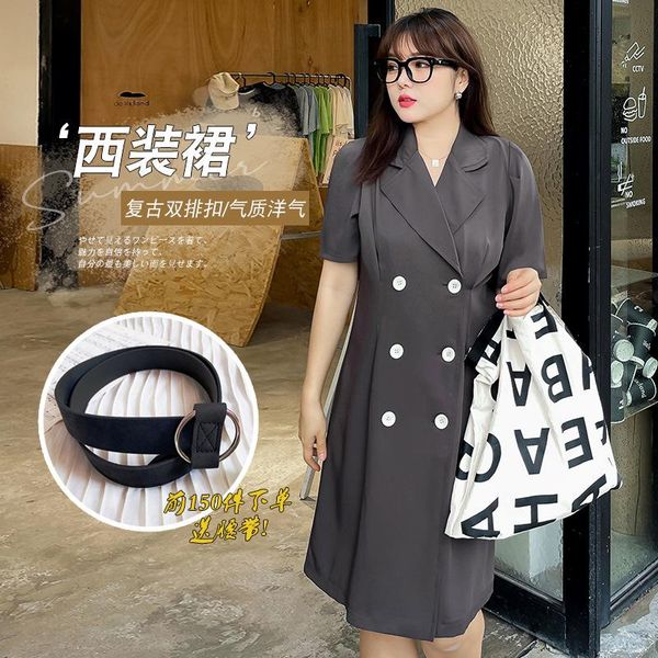 

plus size dresses women's summer suit lapel double breasted matching belt high waist slim fit dress, Black