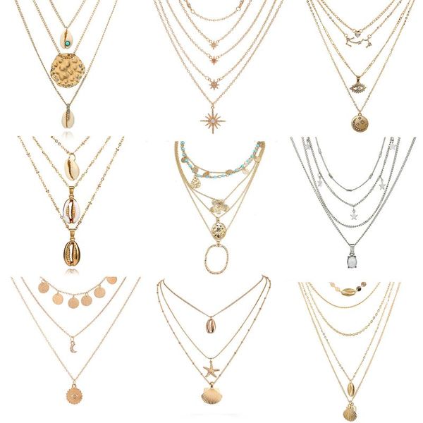 

pendant necklaces bohemian 2021 gold silver color multilayer choker for women fashion shell crystal moon star necklace jewelry