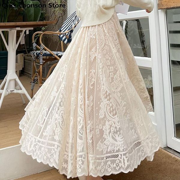 

long maxi spring korean cute women skirt princess style elastic high waisted a line floral lace white black