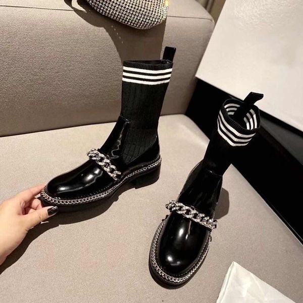 

boots woman ankle round toe genuine leather fashion female shose metal chain luxury designer solid color zapatos de mujer, Black
