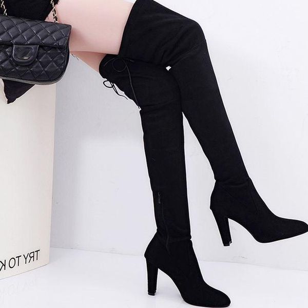 

boots women's thick heel side zipper stretch, Black